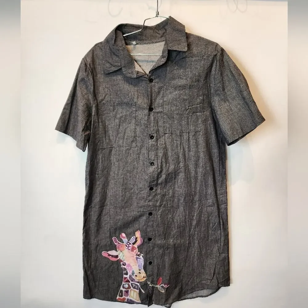 Black Denim Giraffe Shirt Dress‎ Novelty Fun Loose Fit Size L